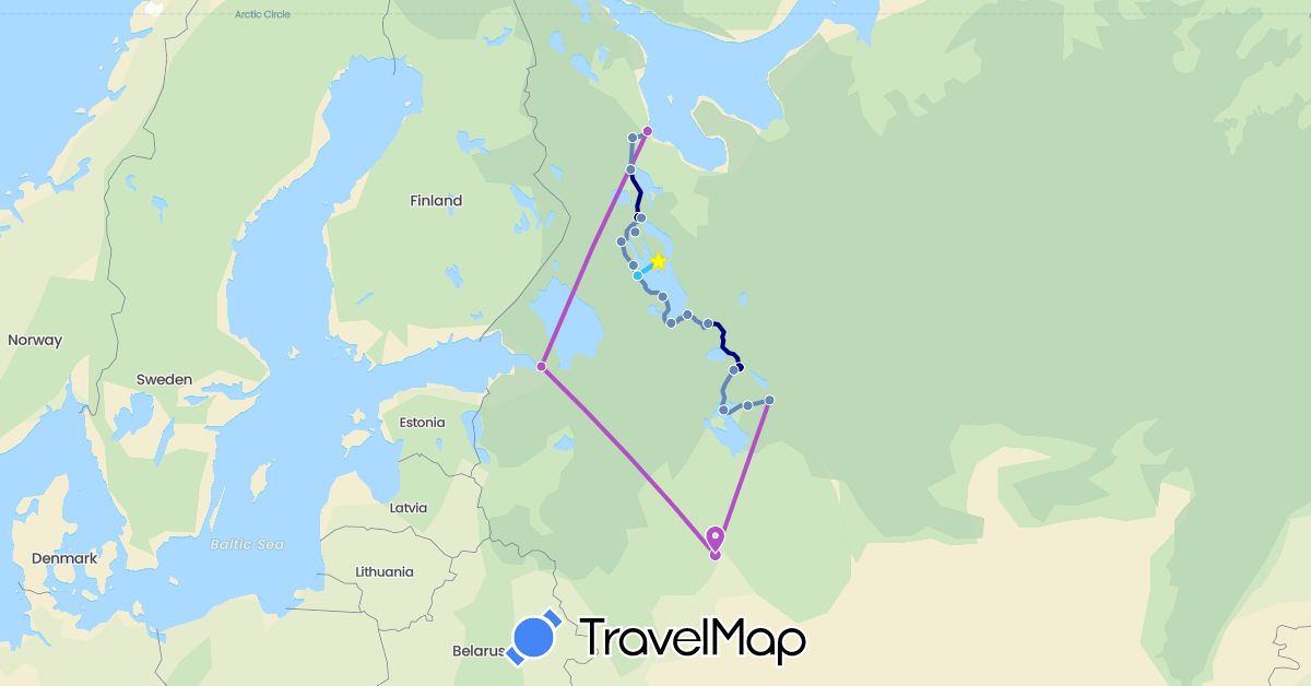 TravelMap itinerary: driving, cycling, train, boat in Russia (Europe)